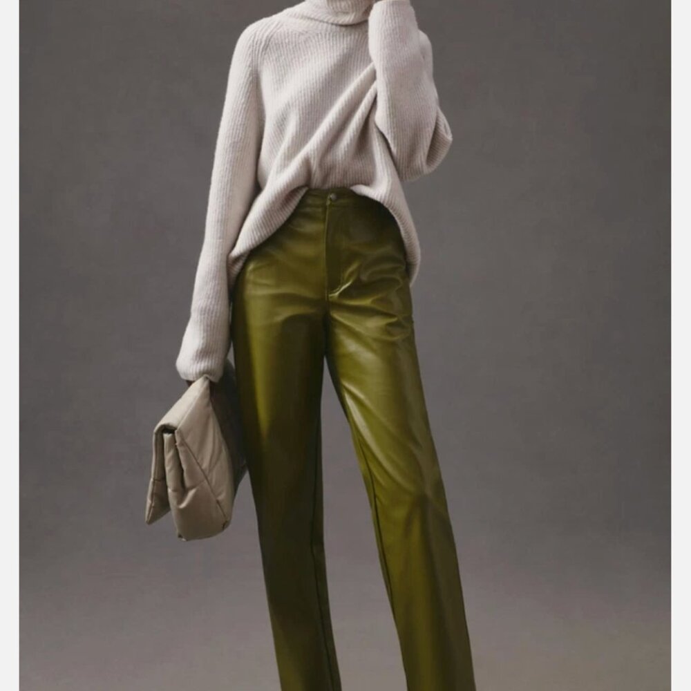En Saison Green Faux Leather Straight Leg Pants - Size M - High Rise Vegan Leath